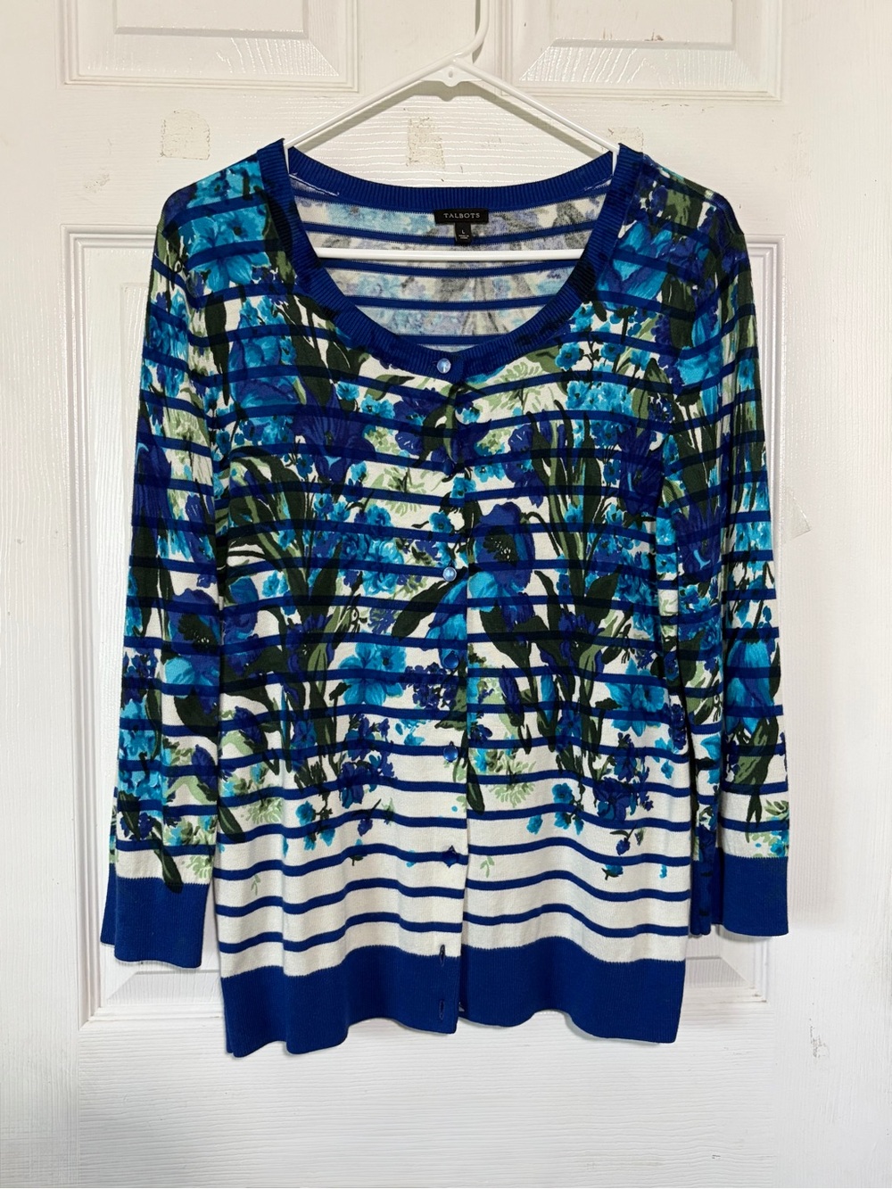 Talbots Blue and White Striped Floral Cardigan Sz L